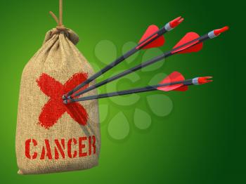Cancer - Three Arrows Hit in Red Mark Target on a Hanging Sack on Grey Background.