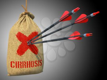 Cirrhosis - Three Arrows Hit in Target on a Hanging Sack on Grey Background.