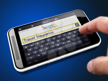 Travel Insurance - Request in Search String - Finger Pressing the Button on Modern Smartphone on Blue Background.