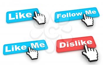 Like Concept. Blue Web Buttons with Hand Cursor Isolated on White Background.