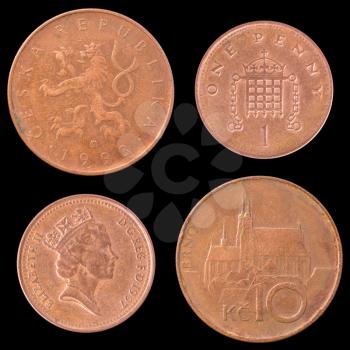 Obverse and Reverse Coin of Great Britain 1997 and Czech Republic 1993. On Black Background.