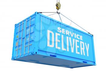 Service Delivery - Blue Cargo Container Hoisted by Hook, Isolated on White Background.
