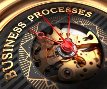 Business Processes on Black-Golden Watch Face with Watch Mechanism. Full Frame Closeup.
