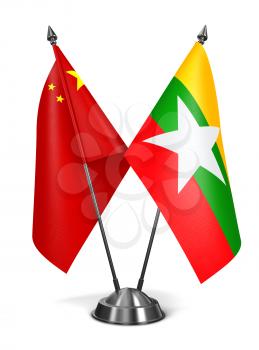 China and Myanmar - Miniature Flags Isolated on White Background.