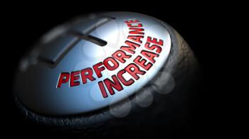 Performance Increase. Shift Knob with Red Text on Black Background. Close Up View. Selective Focus. 3D Render.
