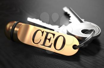 CEO - Chief Executive Officer - Bunch of Keys with Text on Golden Keychain. Black Wooden Background. Closeup View with Selective Focus. 3D Illustration.