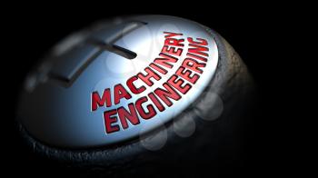 Machinery Engineering. Shift Knob with Red Text on Black Background. Close Up View. Selective Focus. 3D Render.