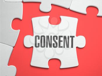 Consent - Text on Puzzle on the Place of Missing Pieces. Scarlett Background. Close-up. 3d Illustration.