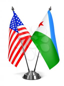 USA and Djibouti - Miniature Flags Isolated on White Background.