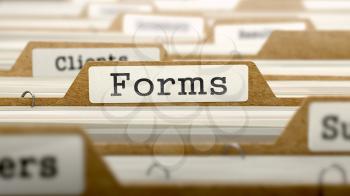Forms Concept. Word on Folder Register of Card Index. Selective Focus.