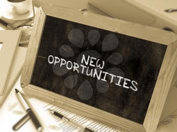 New Opportunities - Chalkboard with Hand Drawn Text, Stack of Office Folders, Stationery, Reports on Blurred Background. Toned Image.