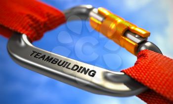 Chrome Carabine with Red Ropes on Sky Background, Symbolizing the Teambuilding. Selective Focus. 3d Illustration.