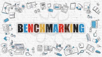 Benchmarking - Multicolor Concept with Doodle Icons Around on White Brick Wall Background. Modern Illustration with Elements of Doodle Design Style.