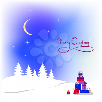 Vector christmas background with color gift and winter tree