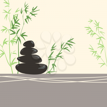 Spa Concept Stylized Zen Basalt Stones with Green Bamboo and Leaves