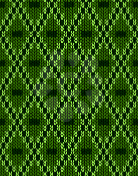 Knit woolen seamless jacquard ornament texture. Fabric Dark Green color tracery background