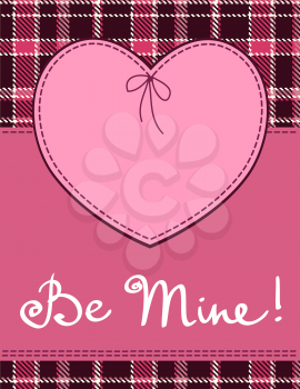 Heart in stitched textile style. Vector pink heart textile label with 'be mine' hand lettering