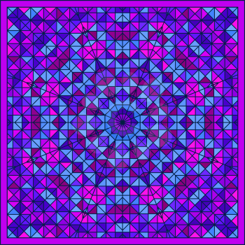Abstract Colorful Digital Decorative Flower Star. Geometric Contrast Line Trendy Banner. Blue Pink Cyan Lilac Violet Color Artistic Square Tile Backdrop with Blue Border