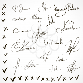Set of various fictional signatures and ticks