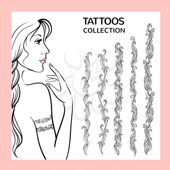 Hand drawn tattoo doodle borders collection. Girl shows how to use