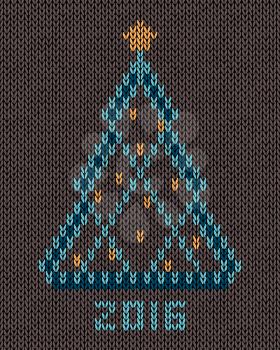 Christmas tree with gold stylized star and balls. New year 2016 vintage card. Knitted hand made embroidery seamless pattern