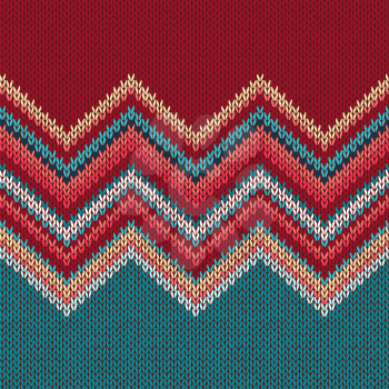 Seamless knitting pattern with wave ornament in red blue white yellow color