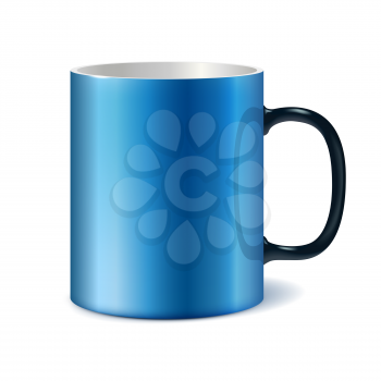 Blue and white big ceramic cup with black handle for printing corporate logo. Cup isolated on white background. Vector 3D illustration