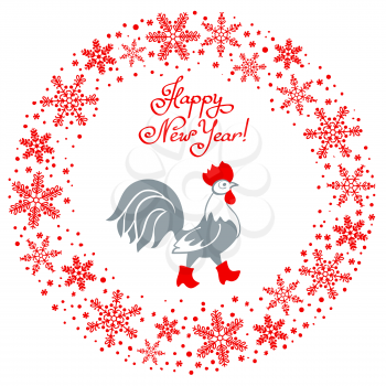Rooster in red boots. Cartoon stylized rooster symbol of New Year 2017 isolated on white background. Round garland of snowflakes