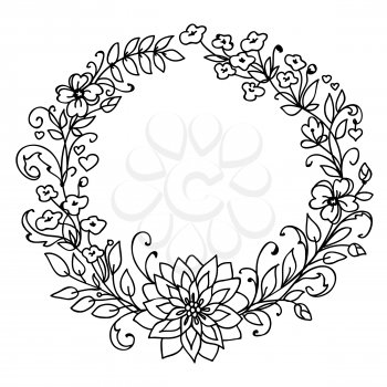 Floral wreath. Merry Christmas and New Year concept. Wreath of branches and flowers . Black and white illustration isolated on white background. Simple art graphic design