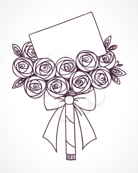 Bouquet of roses with message card. Hand drawing outline flowers as gift with letter