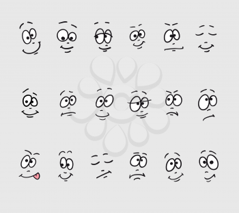 Cartoon faces emotions. Set of different hand drawing funny sad crazy stupid drowsy faces