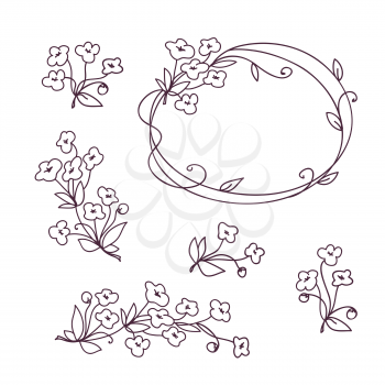 Set of floral design elements. Flower branch wreath romantic design with sakura flowers