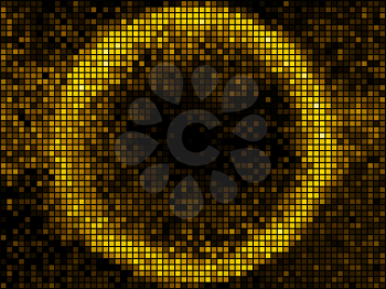 Golden abstract lights disco background. Square pixel mosaic frame. Round shape