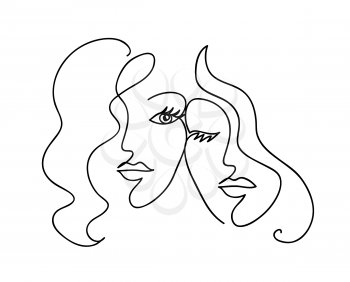 Couple girlfriend and sisters. Woman face with wavy hair. Fashion,friendship and love concept. Black and white hand drawn line art. Abstract outline vector illustration.