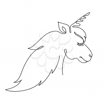 Unicorn head. Continious one line art drawing. Cute magic animal contoure silhouette. Black and white logo. Vector outline illustration