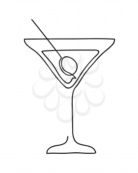 Cocktail glass with martini and olive. Wineglass outline silhouette isolated on white background. Continuous line art drawing style. Hand drawn vector illustration