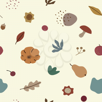 Seamless pattern with fall leaves vegetables, fruit, mushroom and berries. Autumn color design vector illustration. Thanksgiving and halloweeen concept