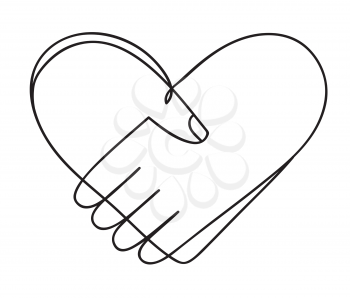 Heart of handshake as friendship and love icon. Continuous line art drawing. Hand drawn doodle vector illustration in a continuous line. Line art decorative design