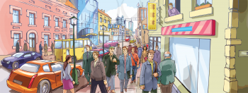 Royalty Free Clipart Image of People on the Street