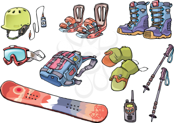The set of the equipment of a backcountry freerider: the freeride snowboard deck, the bindings, the snowboard boots, the hard hat with the good ride music, the goggles, the backpack with two tracking