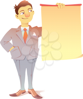 Smiling businessman is looking at the blank placard. There is a good place for a text or a graphs.
Editable vector EPS v9.0