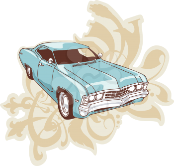 1967 Chevrolet Impala Low-rider.  The muscle car is placed on a separate layer over the ornament with floral motifs.