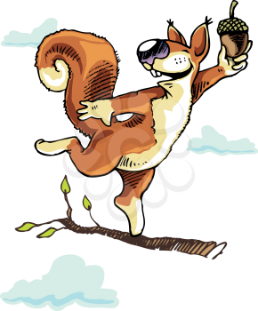 Happy squirrel dancing on the tree branch with the acorn.Editable vector EPS v9.0