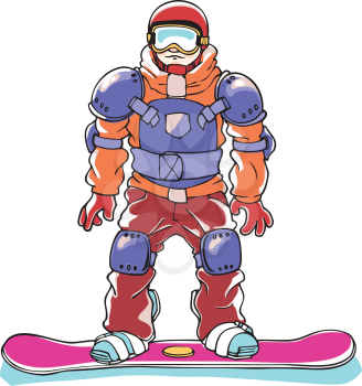 The cartoon snowboarder in a full body armor.