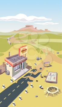 The lonely snack bar near the abandoned road in the desert.
Editable vector EPS v9.0