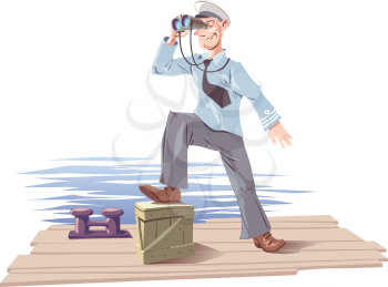 The captain is standing on the deck or the moorage and watching the skyline with the binoculars.
Editable vector EPS v9.0