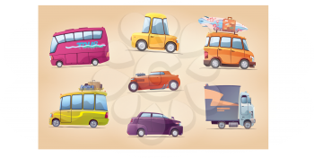 The set of the vector cartoon vehicles. There are a touring buses, the racing hot rod, the surfer's van, the heavy truck and the other. This is EPS 10.0 editable layered vector. Enjoy!
