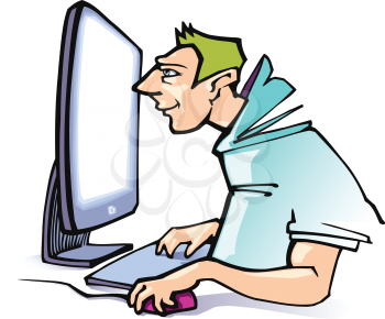 The smiling man working at a computer.
Editable vector EPS v9.0
