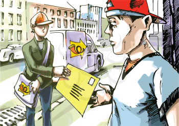 The postman is giving a mail to the guy in a red baseball hat. The logo on the car side and the postman's bag is my fantasy and stylization.
Editable vector EPS v9.0