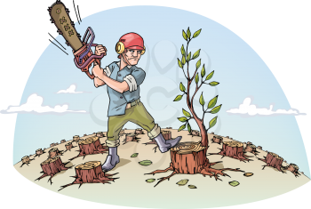 The woodcutter with the chainsaw is cutting the last tree in a forest.